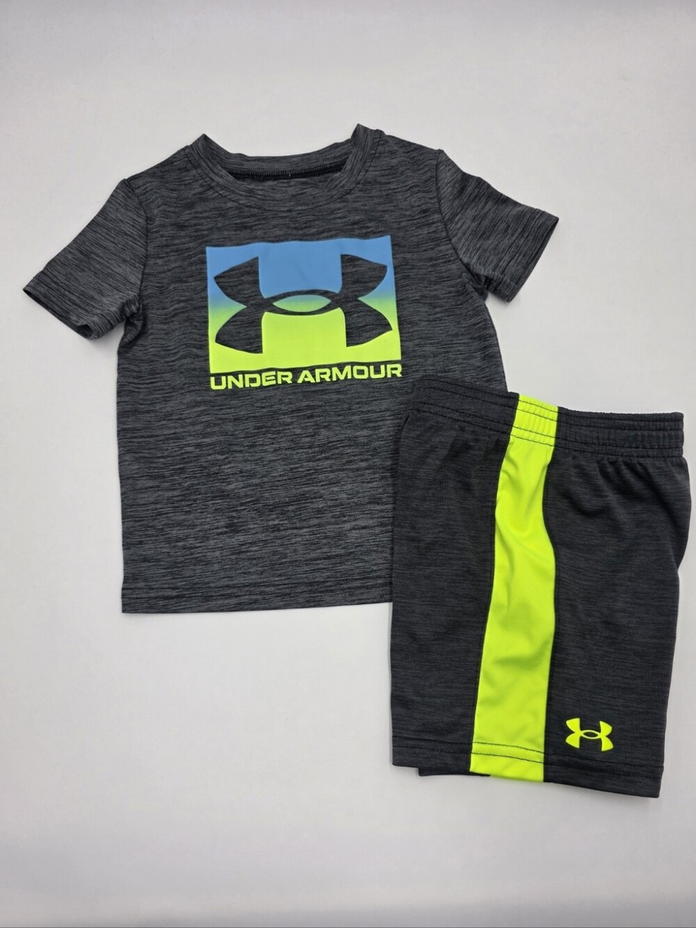 Under Armour boys' gray and neon performance tee and shorts size 2T